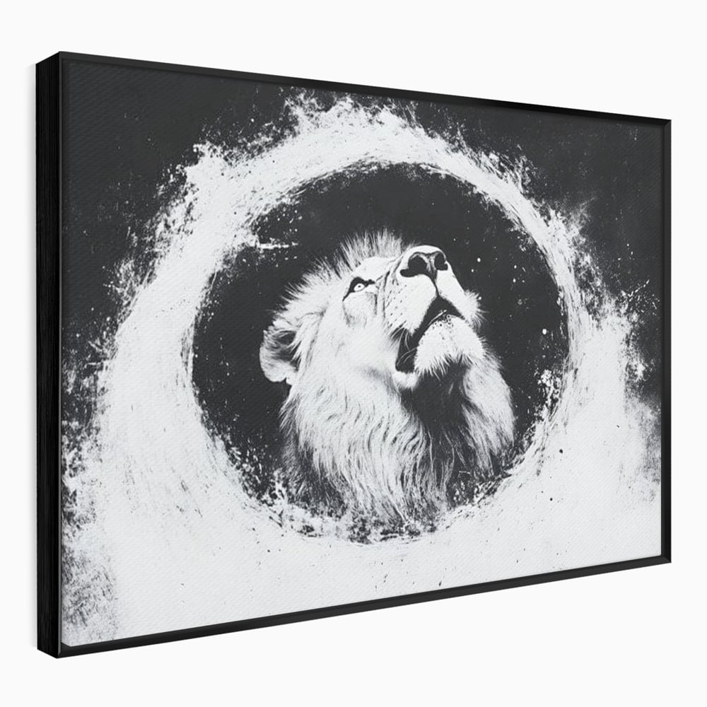 Tablou canvas cu tablou canvas cu leu alb si negru, in rama de aluminiu negru